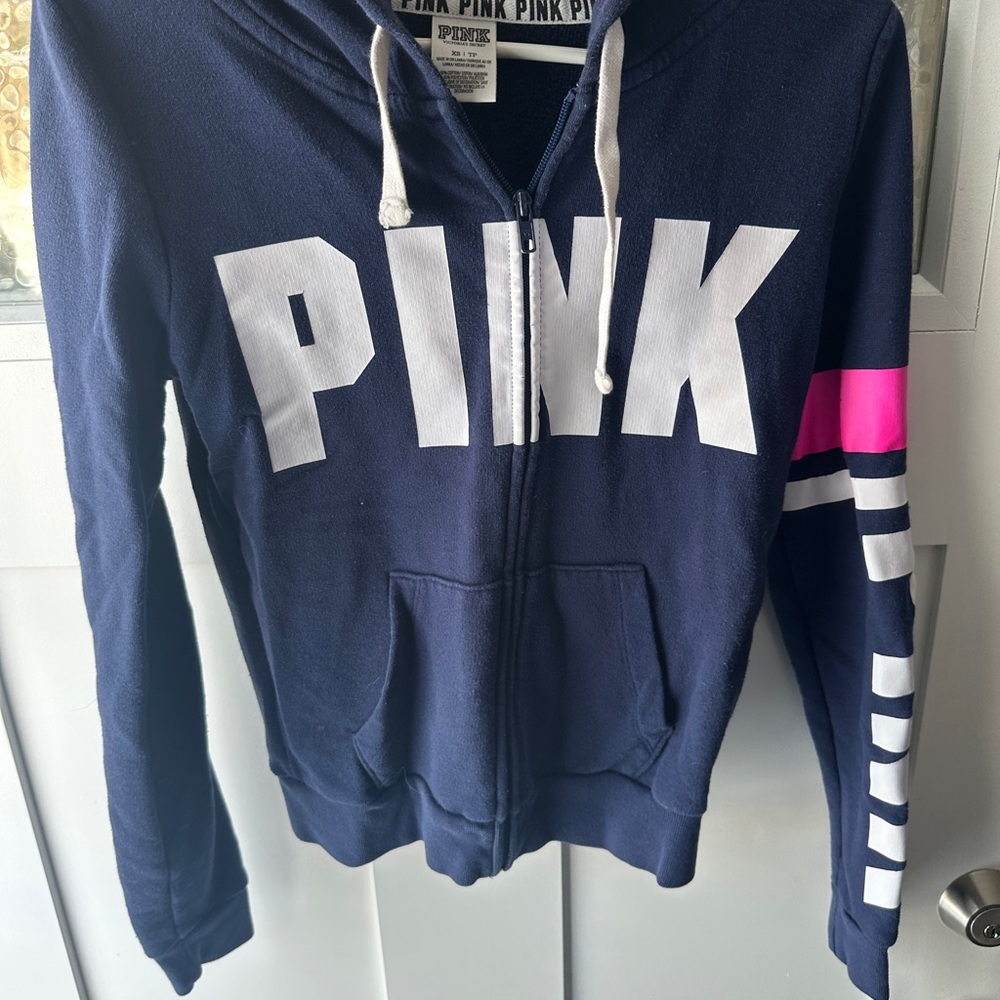 Victoria's Secret PINK Navy Hoodie with White and Pink Accents